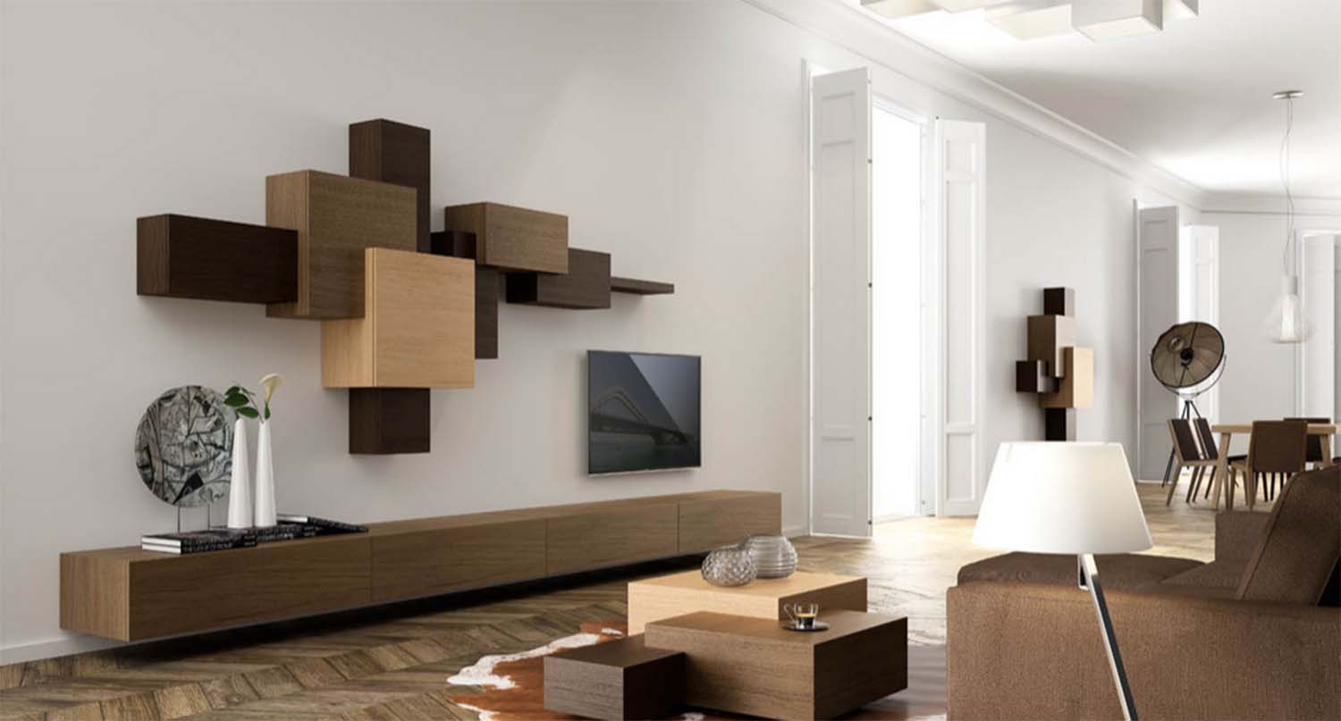 Fotografía de un salón de estilo moderno con muebles de madera sobre un predominante blanco