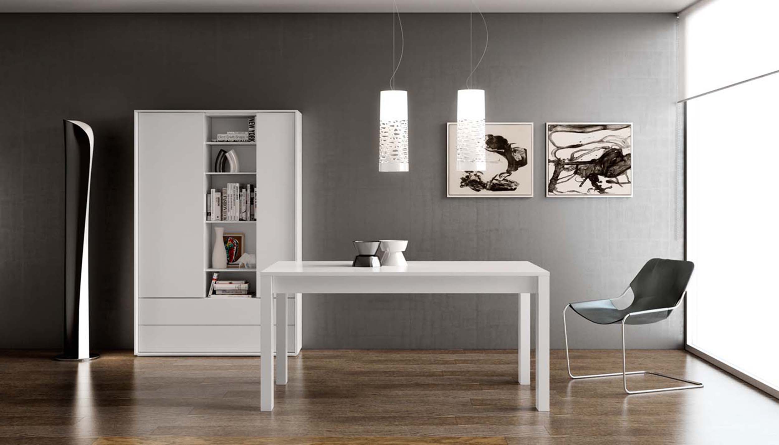 Fotografía de parte de un salón con muebles modernos minimalistas donde predomina el blanco y el gris