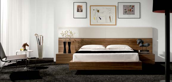 Dormitorio estilo moderno con mueble de madera y colores luminosos
