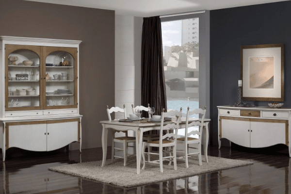 Comedor con suelo oscuro y muebles en tonos blancos de estilo rústico