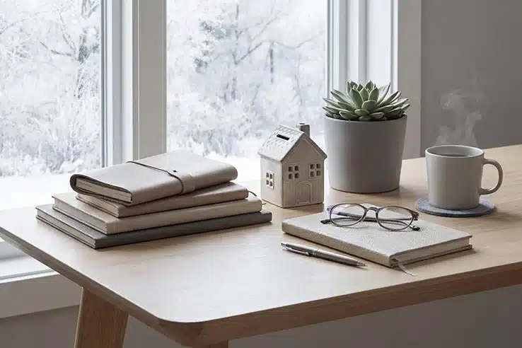 Mezclar estilos sin equivocarse: el secreto está en el equilibrio Espacio de trabajo decorado con cuadernos, planta y taza sobre mesa de madera.