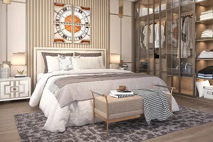Un dormitorio bien diseñado mejora mucho más que el descanso Dormitorio de estilo contemporáneo con armario de cristal y detalles elegantes.