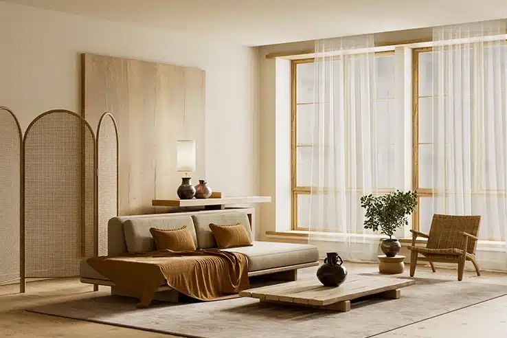 Las pequeñas decisiones que hacen que una vivienda parezca mucho más amplia Salón de estilo japonés con muebles de madera y decoración minimalista.