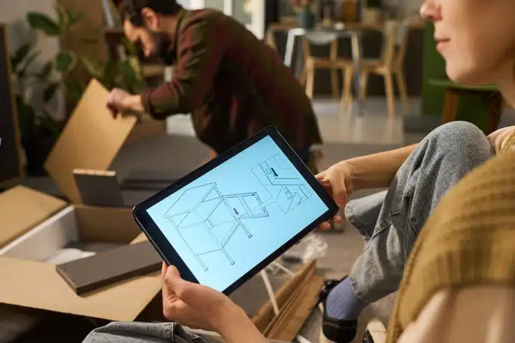 Comprar muebles sin un plan suele salir caro (aunque no lo parezca) Pareja planificando el montaje y distribución de muebles con una tablet