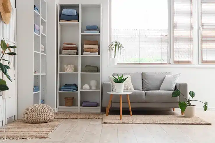 El orden también se diseña: claves para una vivienda más tranquila Salón ordenado con estanterías abiertas para organizar ropa y objetos