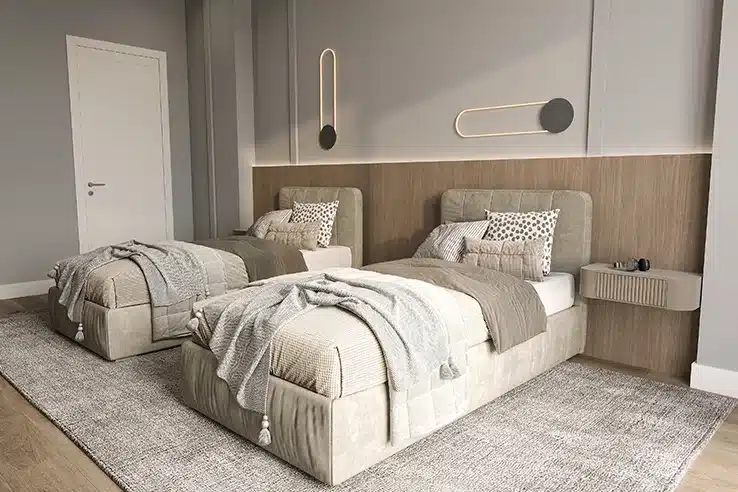 Habitaciones que crecen con ellos: diseñar espacios preparados para cambiar Dormitorio juvenil compartido con dos camas y mobiliario en tonos neutros