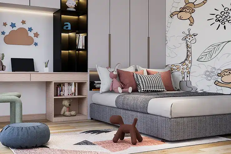Inicio Habitación infantil con cama, escritorio, armario y espacio de almacenamiento