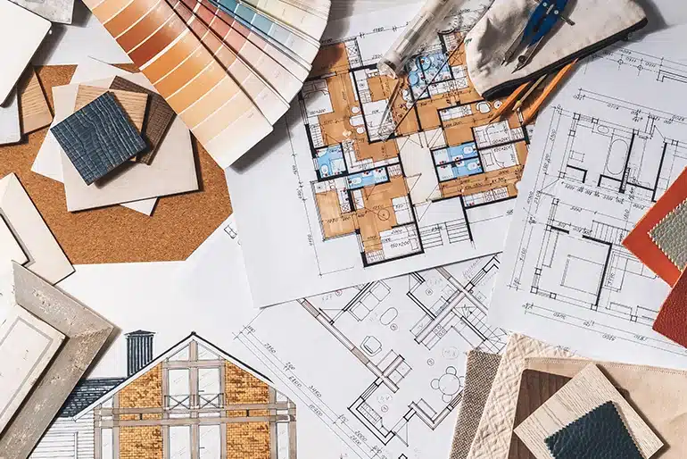 Cada vivienda cuenta una historia: por qué no existen dos proyectos de interiorismo iguales Planos, muestras de materiales y paleta de colores para proyecto de interiorismo